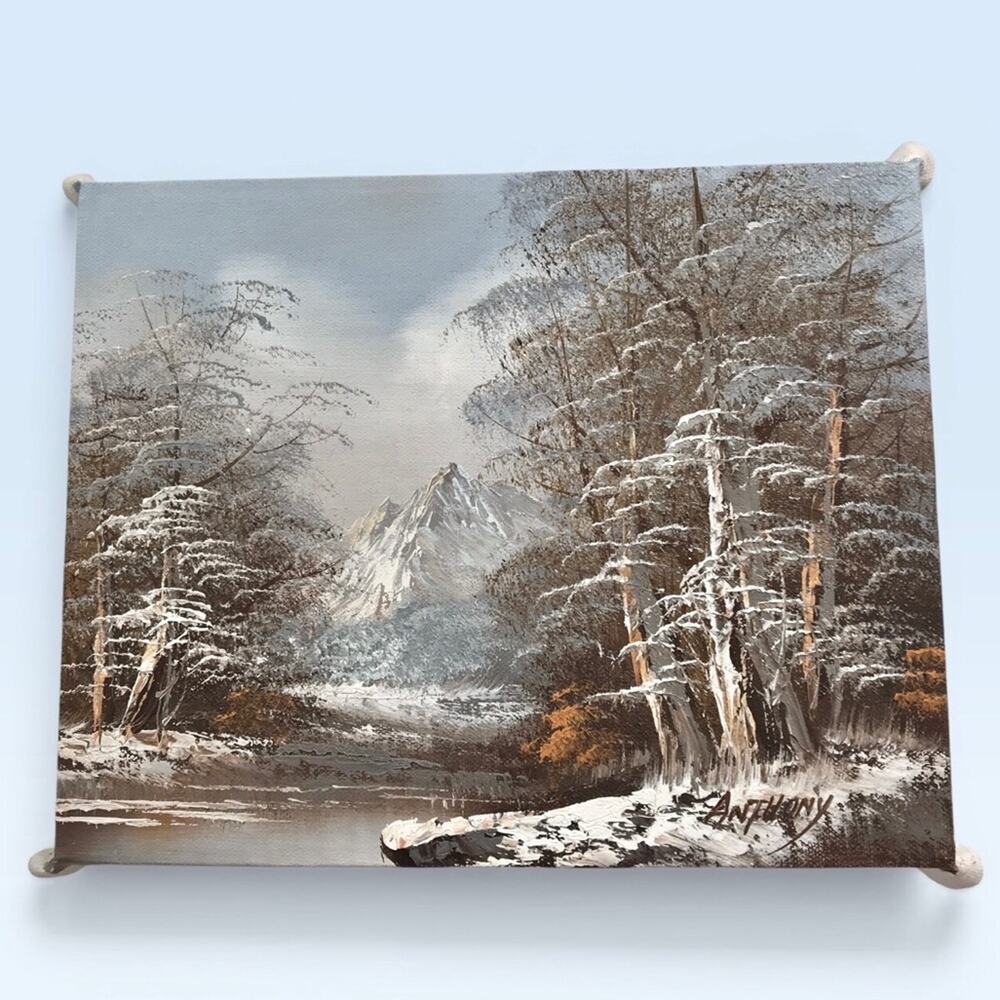 Hand Painted Painting Winter Mountain Snow Landscape Signed Impasto Blue White